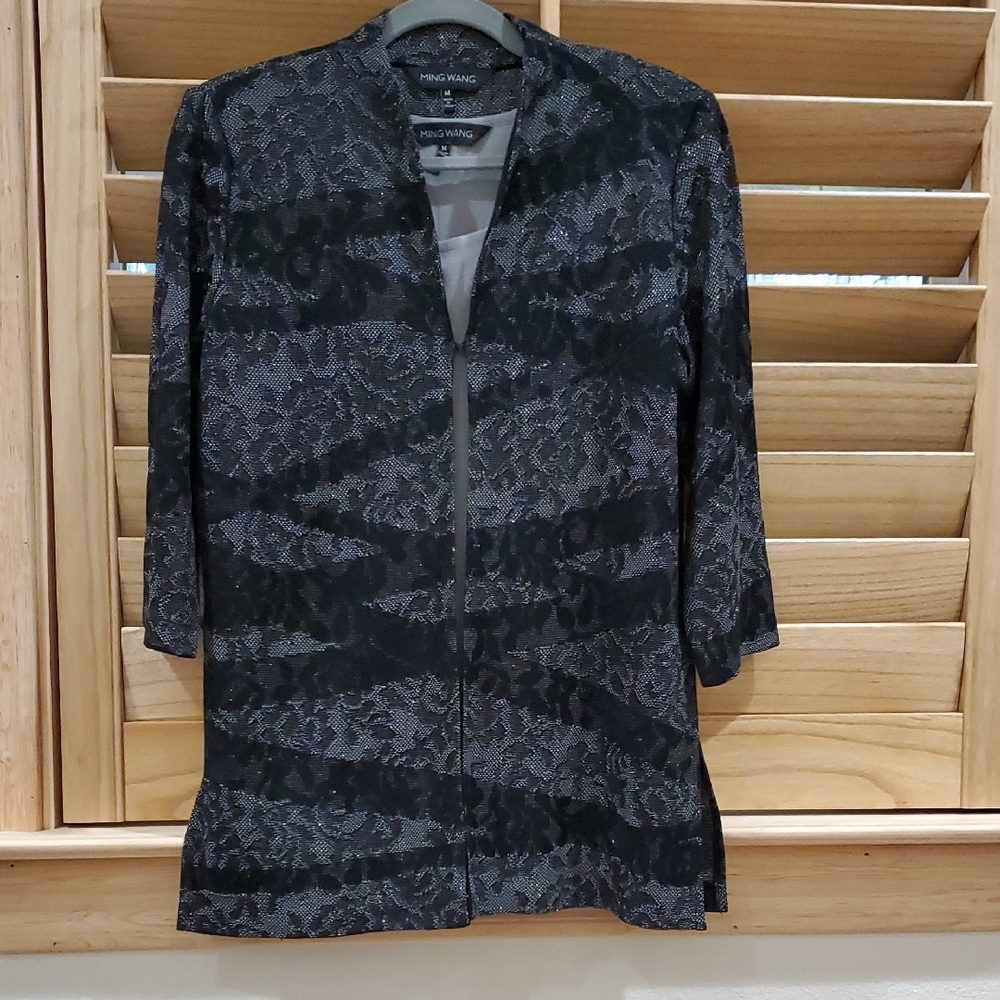 Ming Wang Black Lace Jacket with Gray Sleeveless Top - Picture 3 of 13